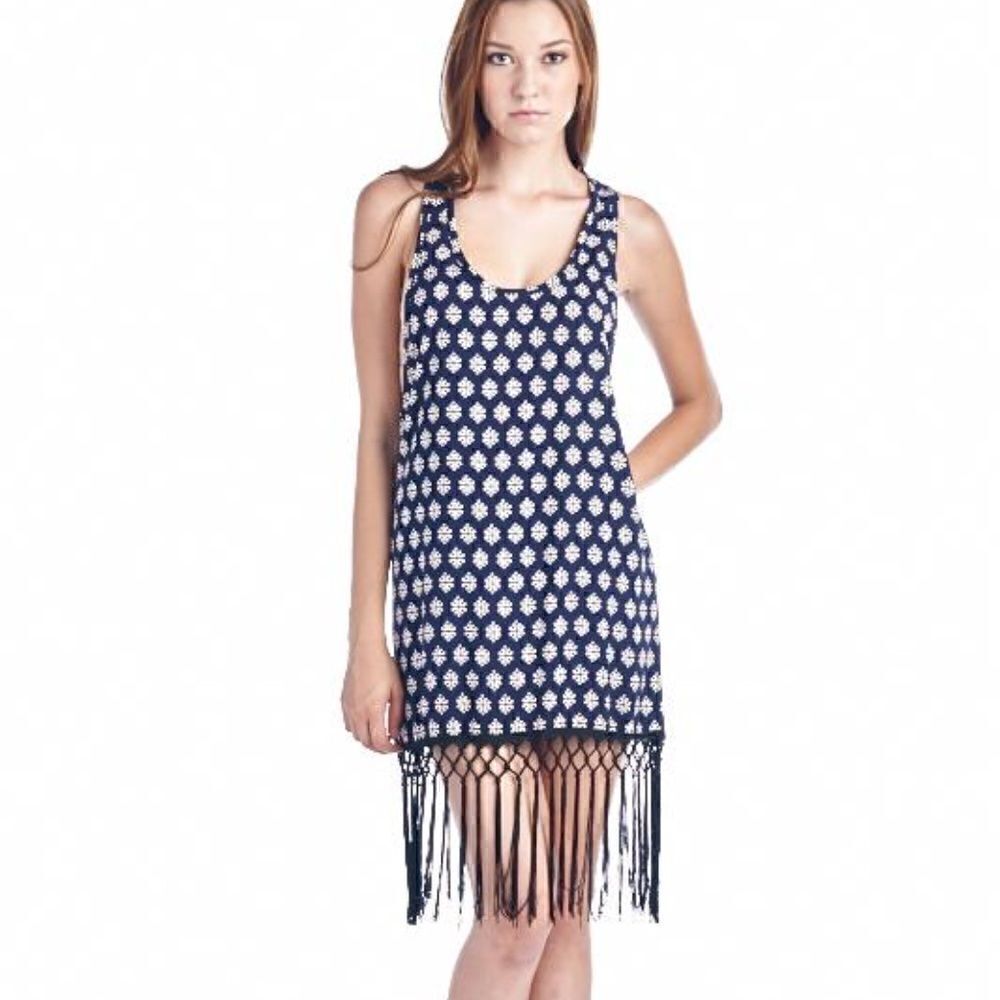 NEW!
Navy and White Tank Dress with Long Fringed Bottom Floral Boho Hippie